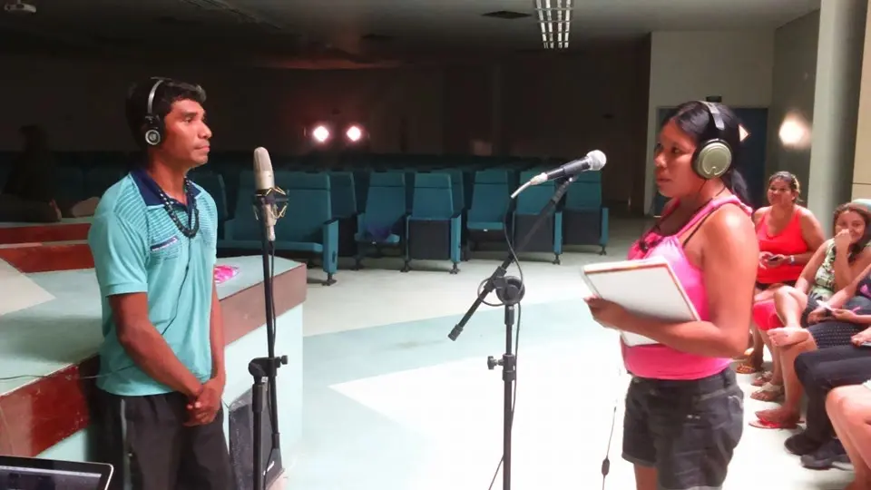 Cantores durante gravação do álbum Nheengatu (Canções na Língua Geral Amazônica), no auditório da Ufopa (unidade Tapajós), em Santarém, em 01/2016. Foto de Elene Gomes.