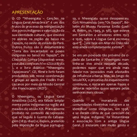 Página 1 do texto de Florêncio Vaz no encarte do CD Nheengatu (Canções na Língua Geral Amazônica)